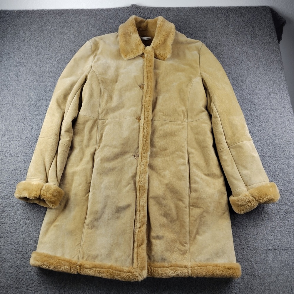 VTG Marvin Richards Leather Penny Lane Coat Faux Fur Trim Sz Large Shearling